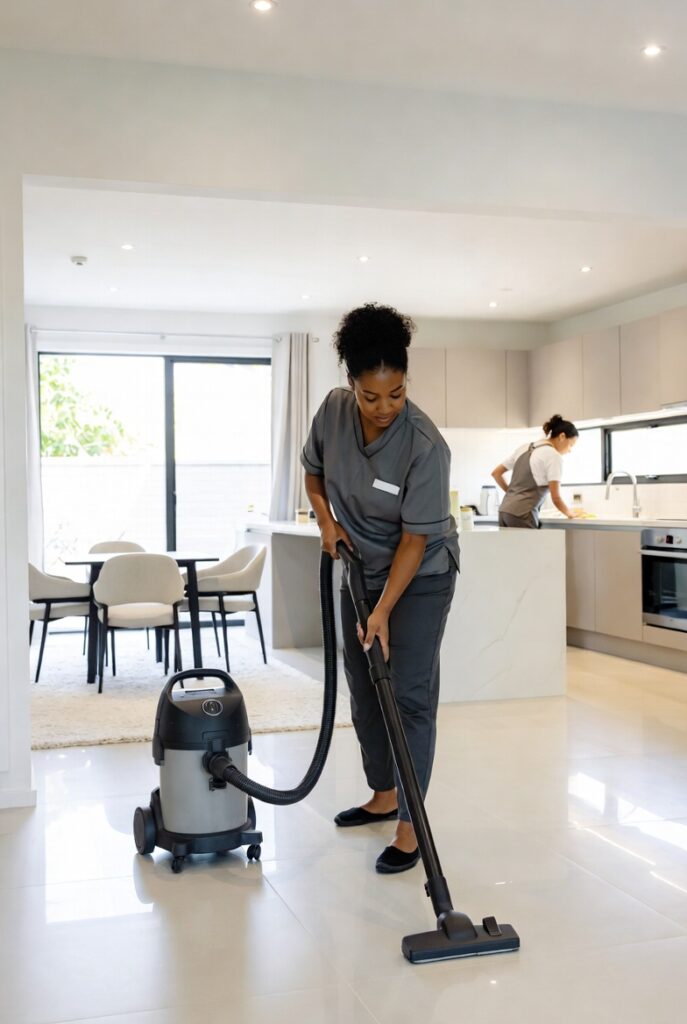 Professional house cleaning service in a modern Melbourne home, showcasing expert cleaners maintaining a clean and comfortable living space in Heidelberg.”