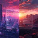 A visual representation of futuristic and western gaming worlds connected by a community tech forum interface.