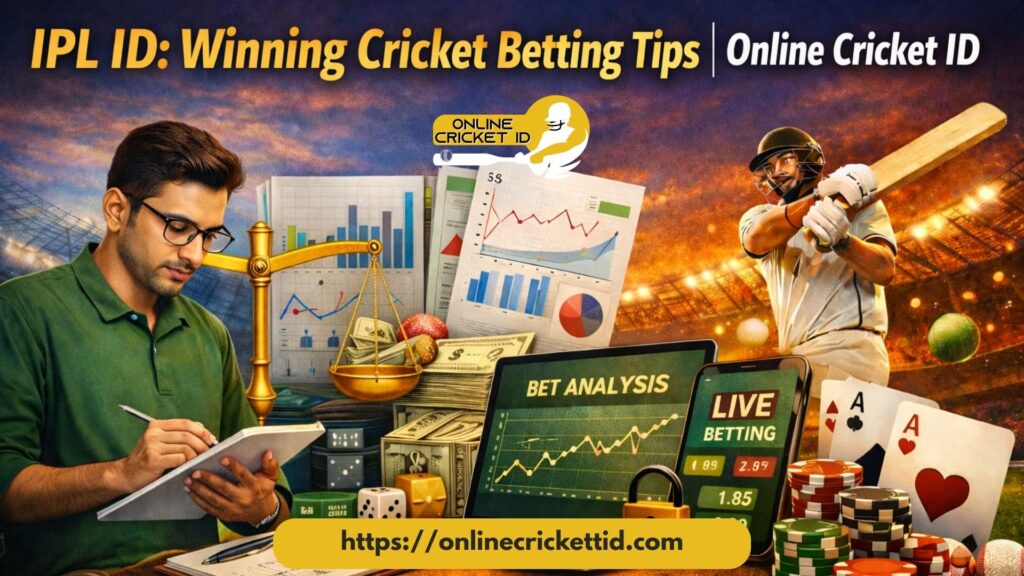 Promotional graphic for cricket betting showing a man analyzing notes beside charts, cash, poker chips, and a laptop displaying “Bet Analysis” and “Live Betting,” with a cricket player hitting a shot in a stadium under bright lights. The headline reads “IPL ID: Winning Cricket Betting Tips | Online Cricket ID” and the website link “https://onlinecricketid.com” is shown at the bottom.
