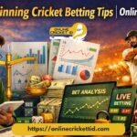 Promotional graphic for cricket betting showing a man analyzing notes beside charts, cash, poker chips, and a laptop displaying “Bet Analysis” and “Live Betting,” with a cricket player hitting a shot in a stadium under bright lights. The headline reads “IPL ID: Winning Cricket Betting Tips | Online Cricket ID” and the website link “https://onlinecricketid.com” is shown at the bottom.