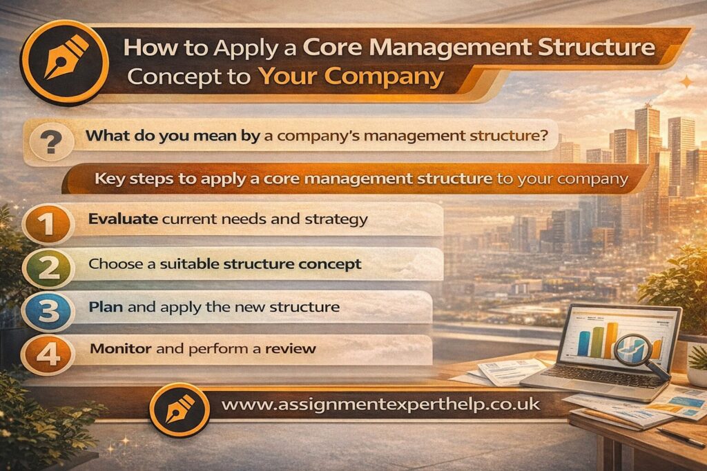 explaining how to apply a core management structure concept to a company, including steps such as evaluating needs, choosing a structure, planning implementation, and monitoring results, with Assignment Expert Help branding