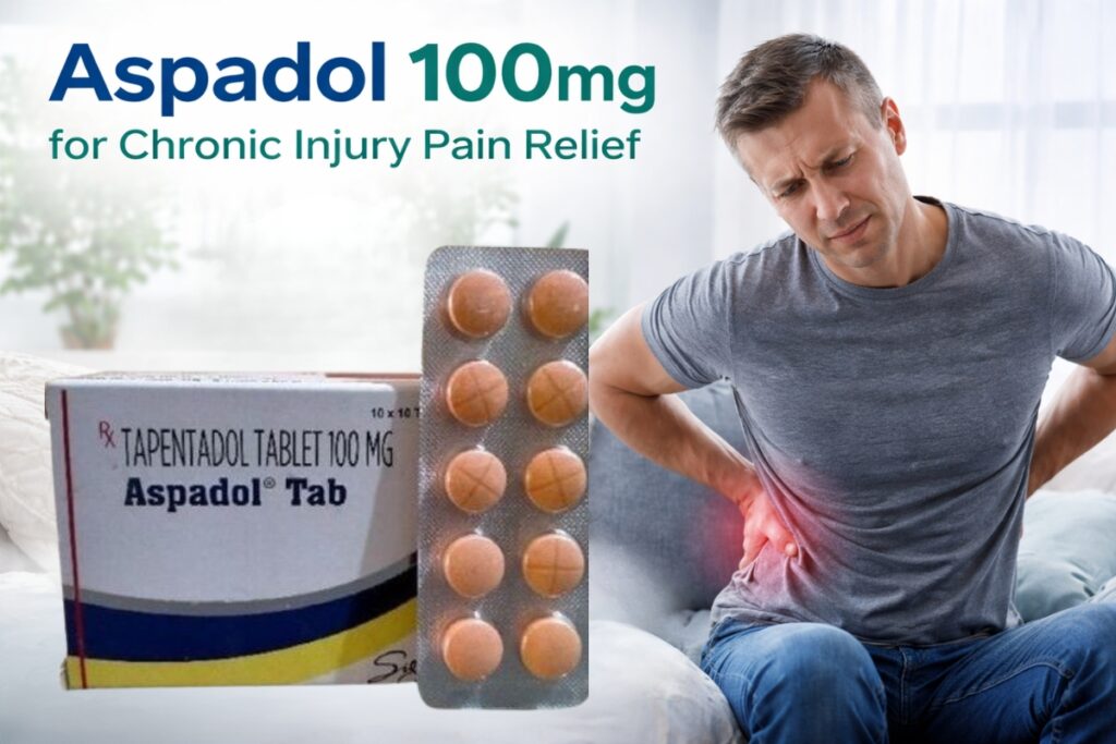 Aspadol 100mg tablets for chronic injury pain relief with man holding lower back pain indoors